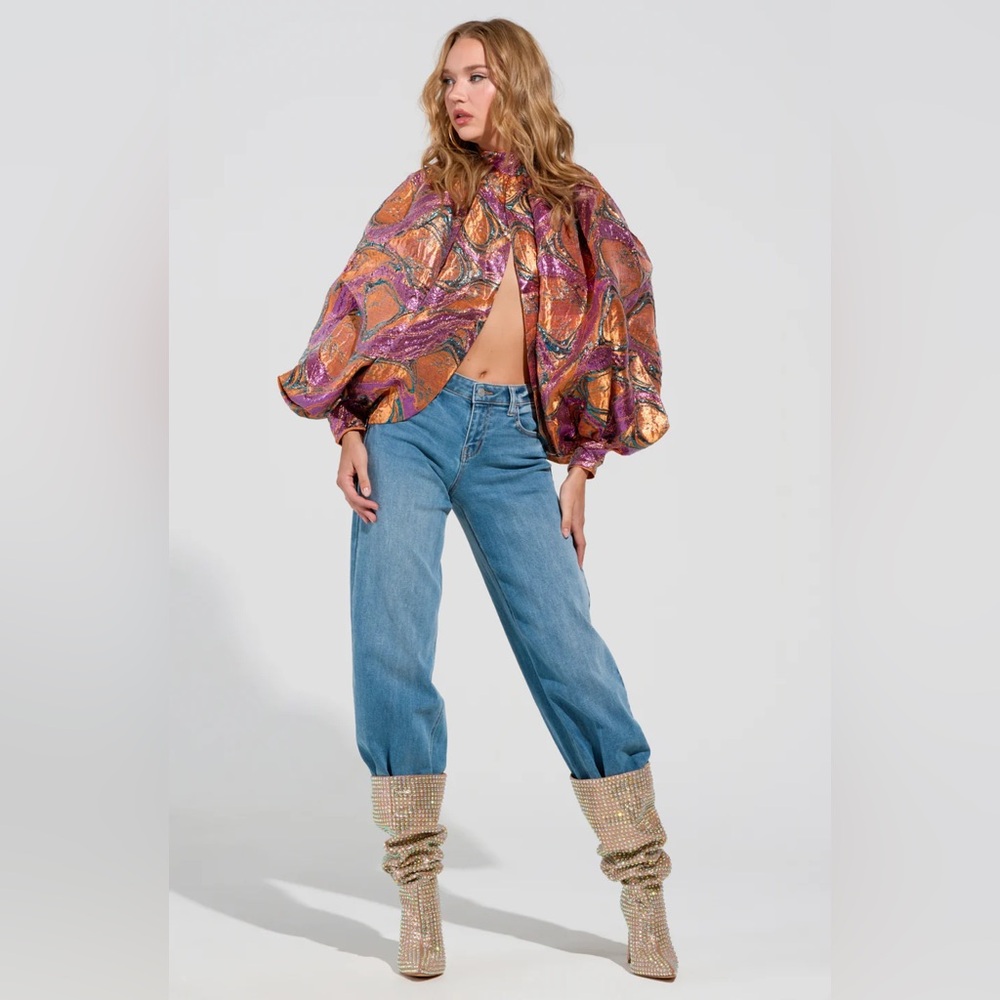 Colorful Brocade Long Sleeve Puff Blouse ✨ - Picture 7 of 7